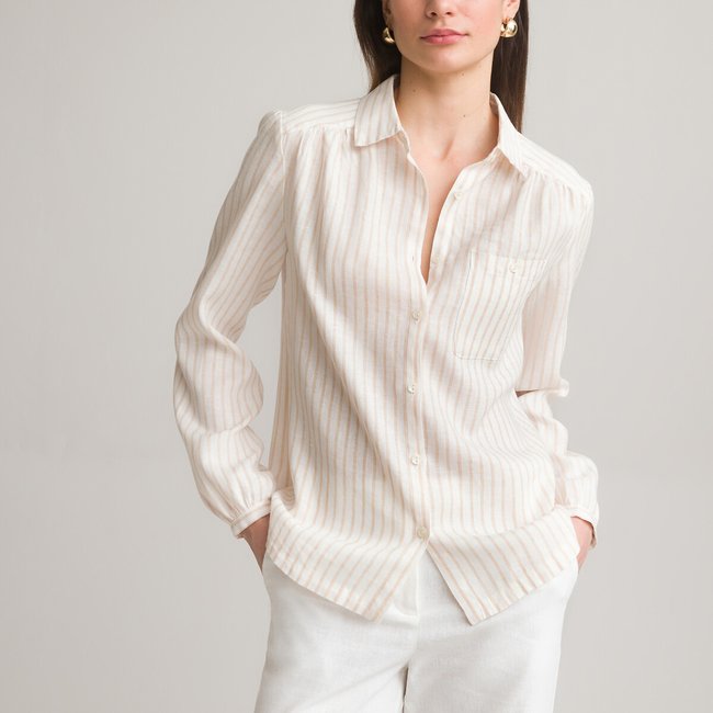 Блузка в полоску из льна, длинные рукава в полоску белый/ бежевый ANNE WEYBURN