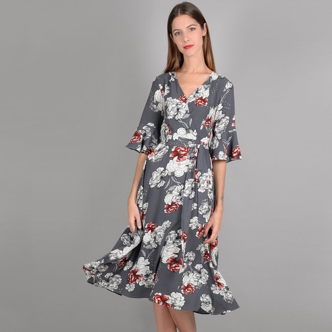 Платье-миди в форме каш-кер с цветочным рисунком серый/ наб. рисунок MOLLY BRACKEN