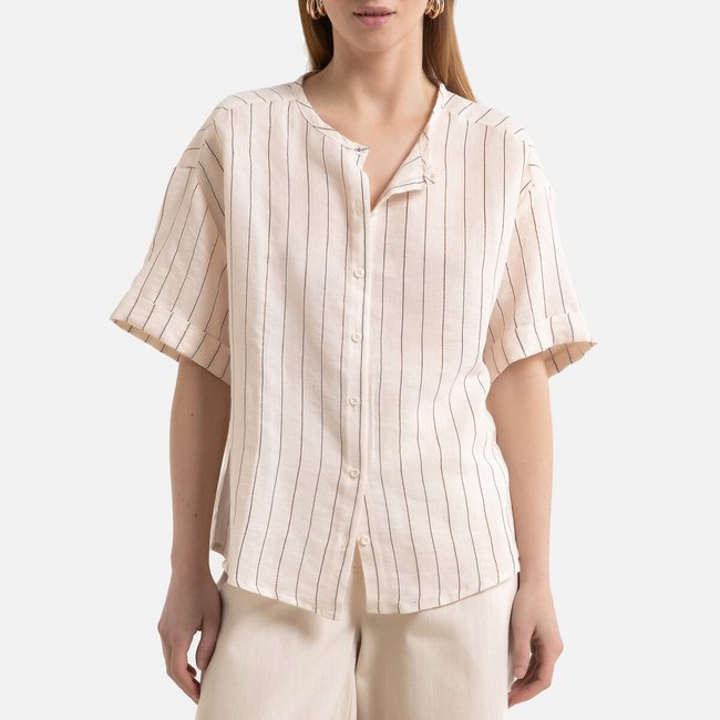 Блузка в полоску с круглым вырезом, короткие рукава в полоску фон белый LA REDOUTE COLLECTIONS