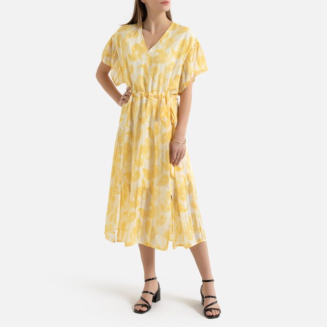 Платье с V-образным вырезом, короткими рукавами с воланами и рисунком рисунок/желтый LA REDOUTE COLLECTIONS